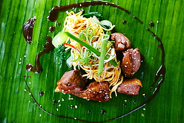 High angle view of seared duck breast and noodles served on a banana leaf, Vietnam