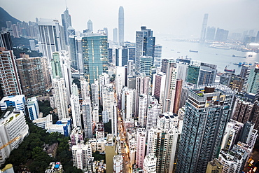 High angle view over dense cityscape with tall skyscrapers, China, Hong Kong