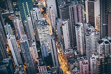 High angle view over dense cityscape with tall skyscrapers, China, Hong Kong