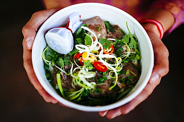 High angle close up of person holding bowl of beef pho, Vietnam