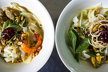 High angle close up of Mi Quang noodles, a Vietnamese specialty, Vietnam