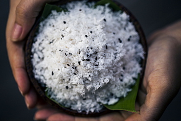 High angle close up of hand holding coconut flesh and black sesame seeds used as a body scrub, Thailand