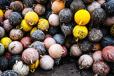 High angle close up of heap of fishing buoys, Japan