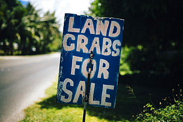 Handwritten sign by the side of road advertising land crabs for sale, Guam