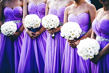 Wedding ceremony with bridesmaids wearing purple dresses and holding white flowers