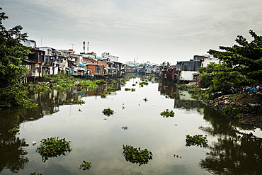 View along small canal with houses built onto the water, Vietnam