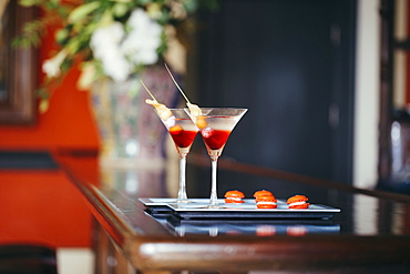 Close up of two cocktails on a tray, Vietnam