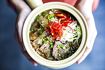 High angle close up of hands holding bowl with Asian soup containing rice vermicelli, beef and chili garnish, Vietnam