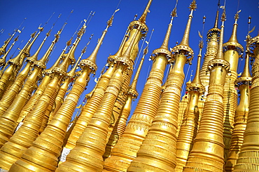 Golden stupas of Buddhist temple Shwe Inn Thein Paya, Lake Inle, Myanmar, Lake Inle, Myanmar