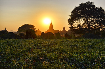 Sunset over distant stupa of temple in Bagan, Bagan, Myanmar