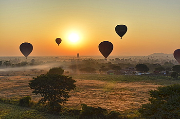 Hot air balloons over landscape with distant temples at sunset, Bagan, Myanmar