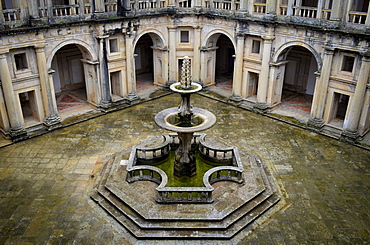 High angle view of fountain at the main cloister of the monastery in Tomar, Portugal, Tomar, Portugal