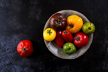 High angle close up of grey plate with selection of tomatoes in various shapes and colours on black background, United Kingdom