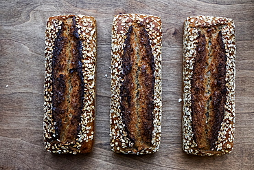 High angle close up of three freshly baked seeded loaves of bread in an artisan bakery.