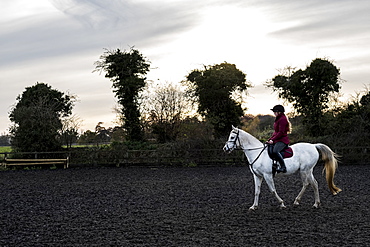 Young woman riding on white Cob horse in paddock, Berkshire, United Kingdom