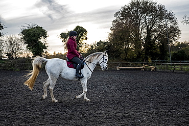 Young woman riding on white Cob horse in paddock, Berkshire, United Kingdom