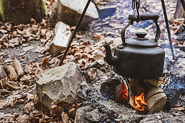 High angle close up of kettle over camp fire in a forest, Devon, United Kingdom