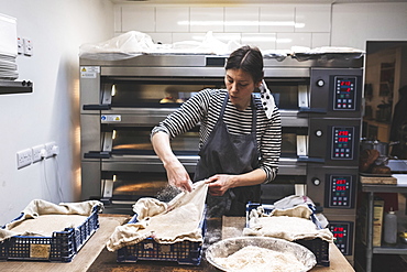 Artisan bakery making special sourdough bread, baker checking risen dough in plastic trays