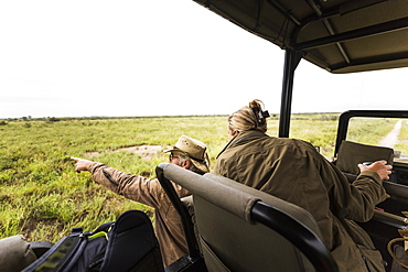 Adult woman and a safari guide leaning out looking across a plain to animals in the distance