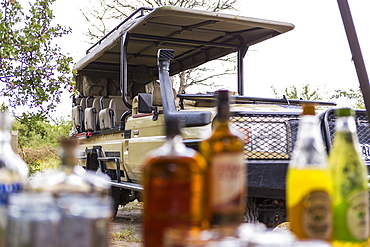 Safari vehicle parked, picnic table laid with bottles and food