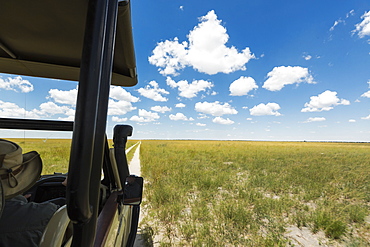 safari vehicle on dirt road, Botswana