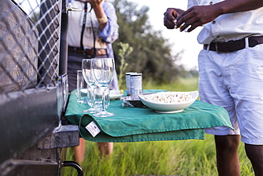 snacks and drinks on fold out table, safari vehicle, Botswana