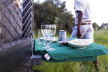 snacks and drinks on fold out table, safari vehicle, Botswana