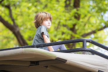 A five year old boy seated on the observation platform of a safari jeep under trees, Okavango Delta, Botswana