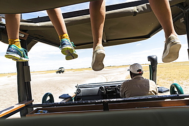 A safari vehicle, one person in the driving seat and two sets of dangling legs of passengers on the observation platform, Kalahari Desert, Botswana