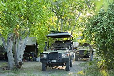 Safari vehicles under the trees in a wildlife reserve camp, Okavango Delta, Botswana