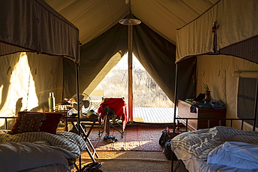 A bedroom in a tented camp, Kalahari Desert