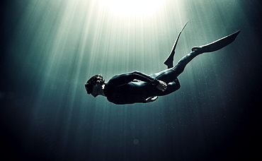 Underwater view of diver wearing wet suit and flippers, sunlight filtering through from above, United States of America