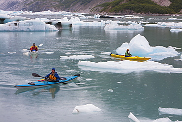 Sea kayakers paddling in glacial lagoon at a glacier terminus on the coast of Alaska