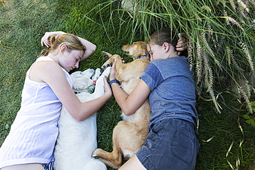 Two teenage girls lying on lawn, hugging their Golden Retriever dogs, New Mexico, United States