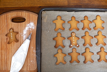 High angle close up of Gingerbread Men on a baking tray