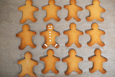 High angle close up of Gingerbread Men on a baking tray