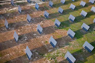 Aerial view of solar panels on a field, Huelva Province, Spain, Huelva Province, Spain