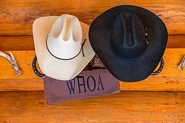 Close up of cowboy hats hanging up on a ranch, British Colombia, Canada