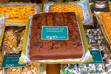 High angle close up of cakes in a shop in in Salamanca, Castile and Leon, Spain, Castile and Leon, Spain