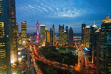 Skyline of the Pudong Financial district at dusk, Shanghai, China, China