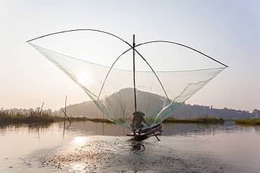 Fisherman on his boat moving arched swing nets above the water at  Loktak Lake