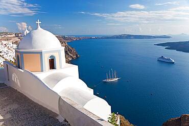 Church and cruise ship in Fira, Santorini, Cyclades Islands, Greece