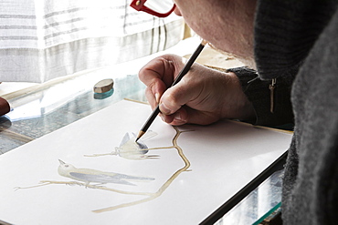 Mature artist at work drawing on paper, a wildlife study of birds.