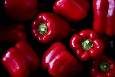 High angle close up of freshly picked red peppers, Oxfordshire, United Kingdom