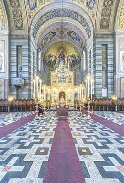 Interior view of the aisle of the Serbian Orthodox church Saint Spyridon Church, Trieste, Italy.