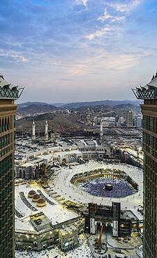 The Hajj annual Islamic pilgrimage to Mecca, Saudi Arabia, the holy city. Aerial view.