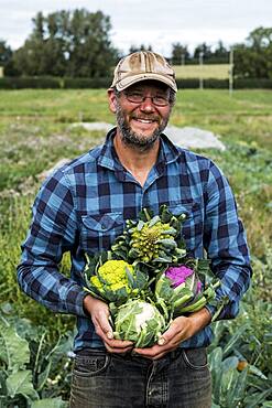 Farmer with a selection of freshly picked cauliflowers.