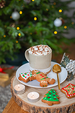 Overhead view, Christmas decorated cookies, iced biscuits.