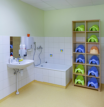 Modern day care nursery kindergarten school, spacious interiors, washroom and storage