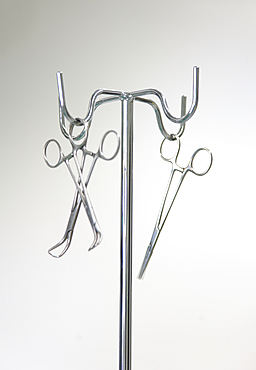 Instruments on a metal stand in an operating theatre in a new hospital.